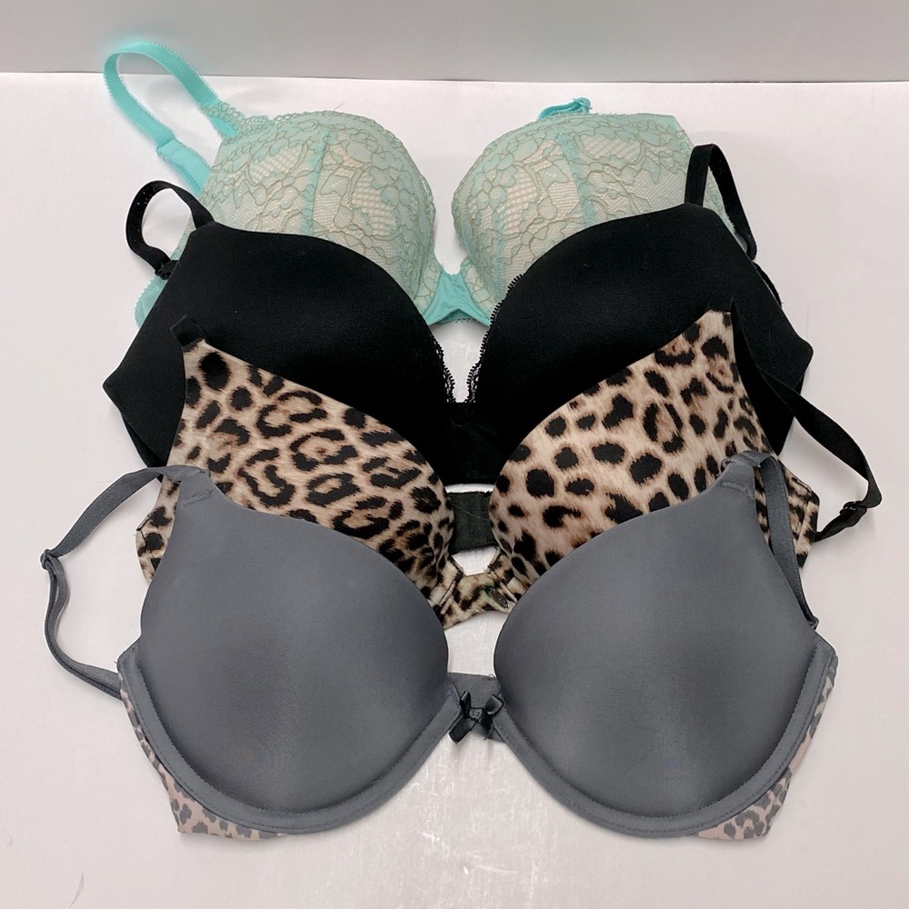 Victoria’s Secret Lot of Four Bras Sz 32 D Black Animal Print Gray Turquoise